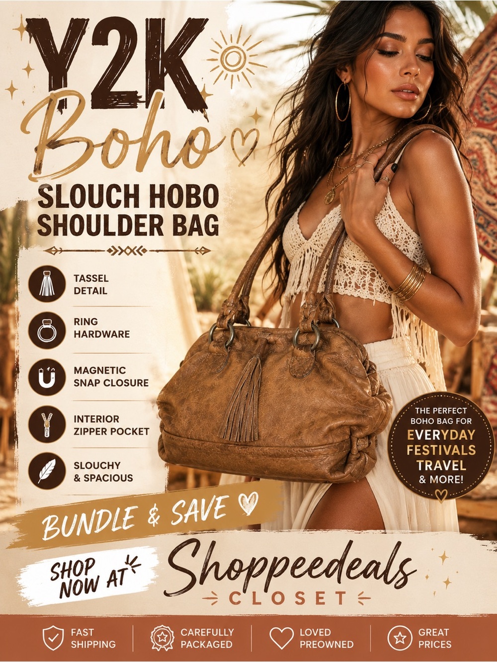 Y2K Boho Slouch Hobo Shoulder Bag Camel Brown Tassel Purse